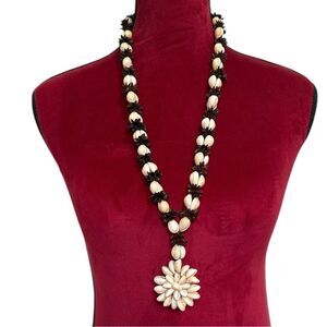 Beautiful Handmade Cowrie Seashell Shell Koa Seed Lei Statement Necklace